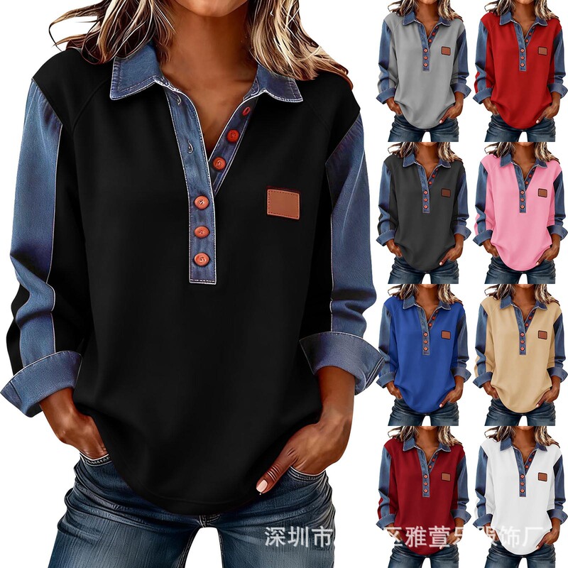 2026 Autumn and Winter Amazon Export New Model in Stock European and American Casual Long-Sleeved Tops with Spliced Denim Polo Shirts for Women 2026 Autumn and Winter Amazon Export New Model in Stock European and American Casual Long-Sleeved Tops with Spliced Denim Polo Shirts for Women