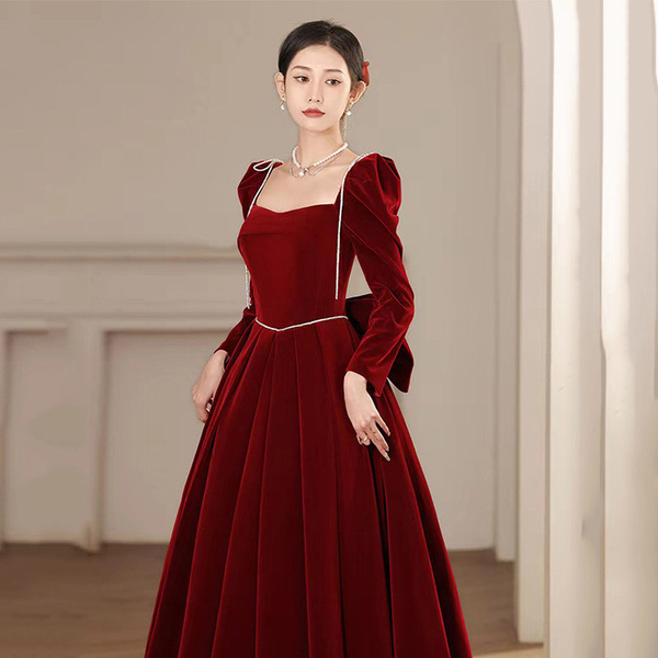 Burgundy velvet evening dress