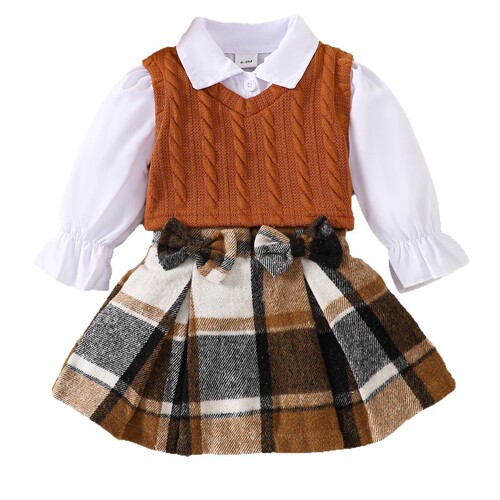 Spring and Autumn European and American Women's Little Girl Set White Long-Sleeve Blouse Khaki Cardigan Check Short Skirt Fashion Three-Piece Set