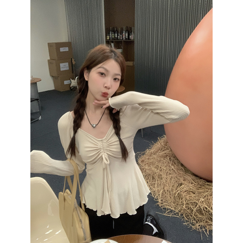 Discount European Plus-Size 2025 Autumn New Drawstring V-Neck Base Shirt Pure Desire Style Slim Fit Versatile Top