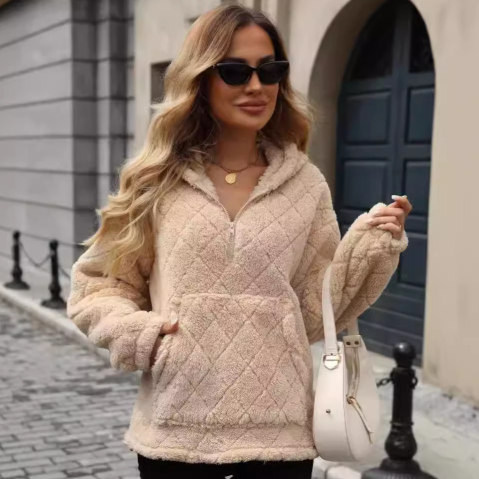 Women's Clothing Flash velvet 2024 autumn and winter new women's clothing loose half zip pullover hooded plush sweatshirt_voghion.com