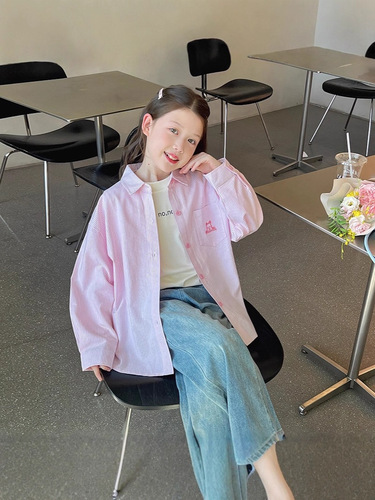 Children's Western-style striped shirt, girls 'loose long-sleeved shirt, big children's cardigan top, 2025 spring and autumn new style