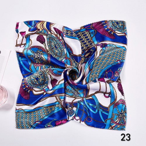  Spring Summer Autumn New Carriage Chain Totem Color Satin Fabric Sunscreen Silk Scarf Silk Small Square Scarf 50CM Wholesale