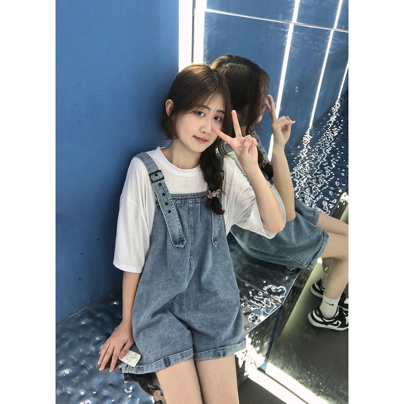 Distinctive Denim Overalls Women's Spring and Summer New Loose Slimming Short Wide Leg Pants Age-reducing Small Men's Overalls Trendy