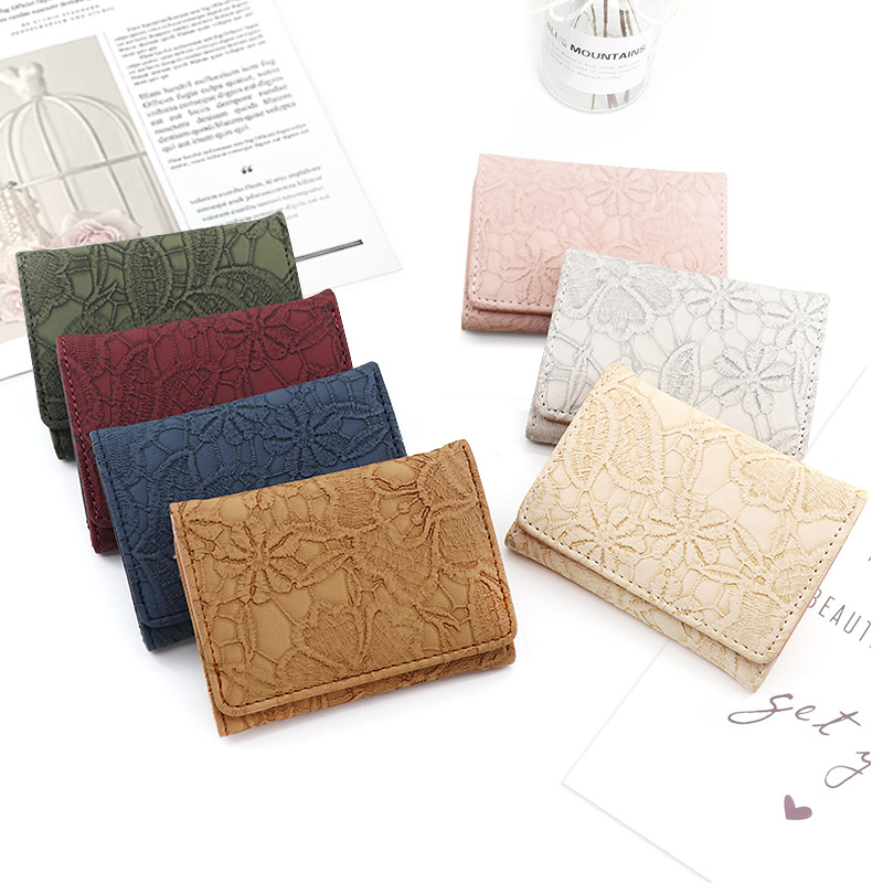 Nuevo tres veces bolso vintage de imitación de encaje de cuero monedero exquisito lindo pequeña cartera femenina tarjeta de Efectivo bolsa integrada