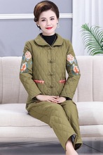 秋冬新款复古民族风绣花棉衣女装盘扣翻领棉袄套装妈妈两件套棉服