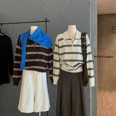 WGWE秋冬韩版简约休闲条纹百搭宽松显瘦Polo领长袖针织衫女W7245