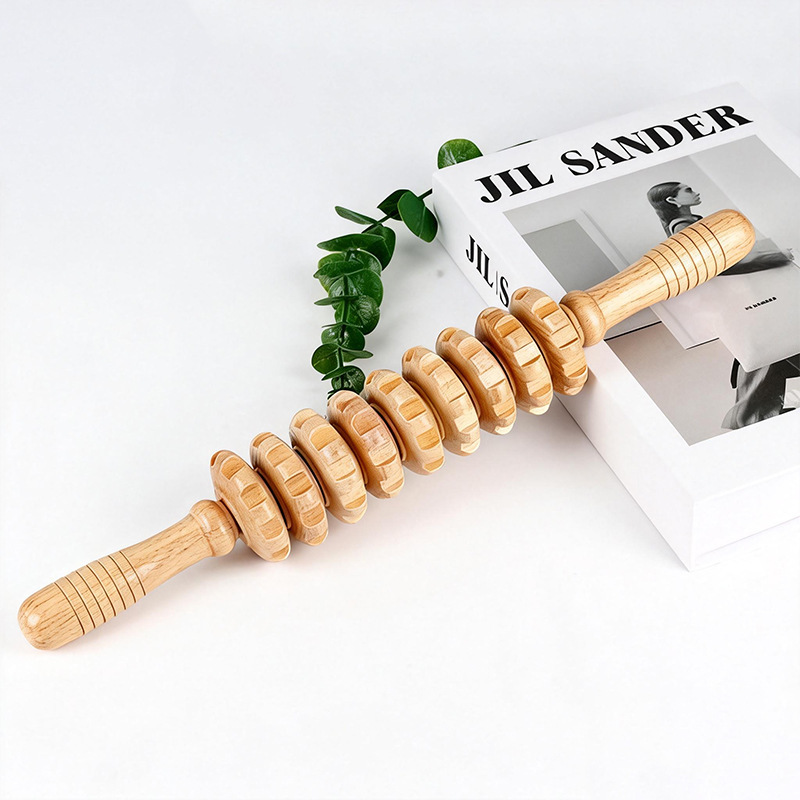 Wooden Abdominal and Back Massage Equipment, Roller Massage Stick, Wood Grain Nine-Wheel Fitness Equipment, Solid Wood Home Massage Device