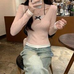 甜美风假两件独特别致短款上衣女秋冬女装长袖内搭蕾丝边针织毛衣