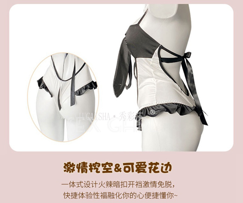 Bunny Girl Costume Jumpsuit with Open Crotch Design and Black Bow Stockings — detail image 11
