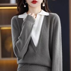 秋冬服の新型の偽の2つのセーターの気質のPOLO襟の上着の婦人服のファッションのニットの女性の百合のゆったりしている長袖