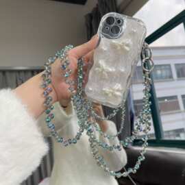 奢华高级感水晶珠子手提链手腕长斜跨挂绳带夹片壳钥匙扣包包挂件
