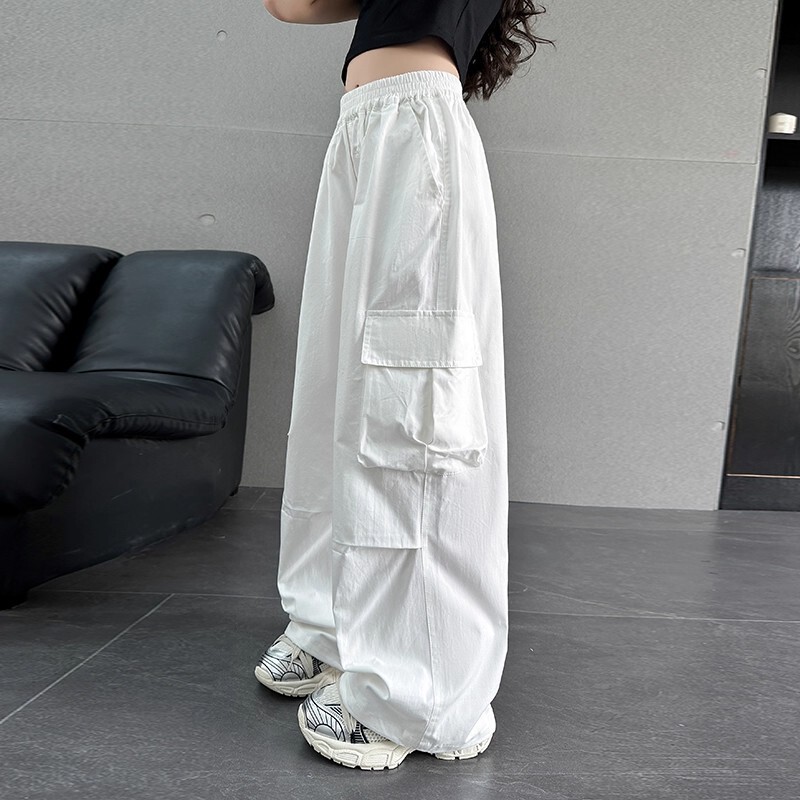 Girls' Cargo Pants Autumn Outerwear Pants Children's Stylish Washed Cotton Wide-Leg Pants for Older Children Casual Long Pants Trendy Brand