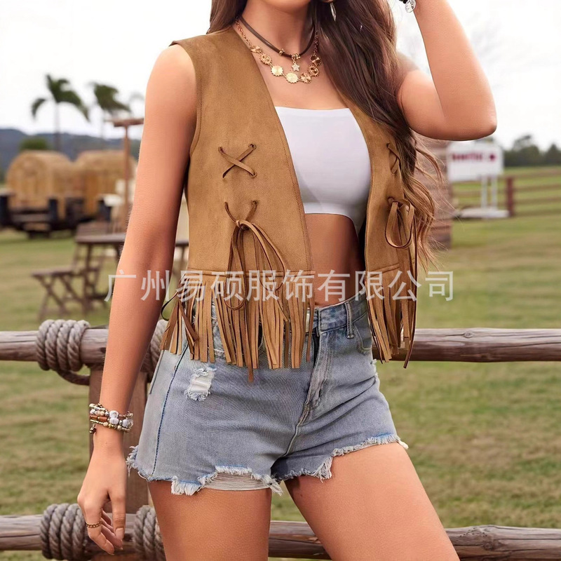 European and American Cross-Border Amazon New Hippie Tassel Vest Front Cardigan Female Cowboy Western Imitation Deerskin Vest