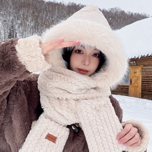 Winter New Three-piece Set Warm Thickened Embossed Cute Women's Hat Scarf Gloves Three-in-One Windproof Riding Hat
