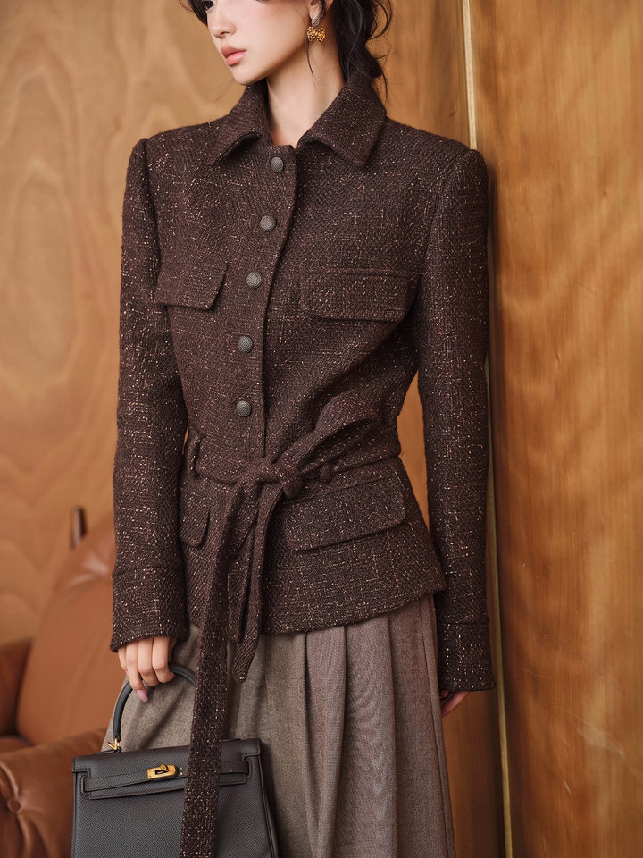 Áo khoác nữ dáng ngắn dạ tweed len có thắt lưng kiểu sơ mi chiết eo — Màu đỏ rượu Port