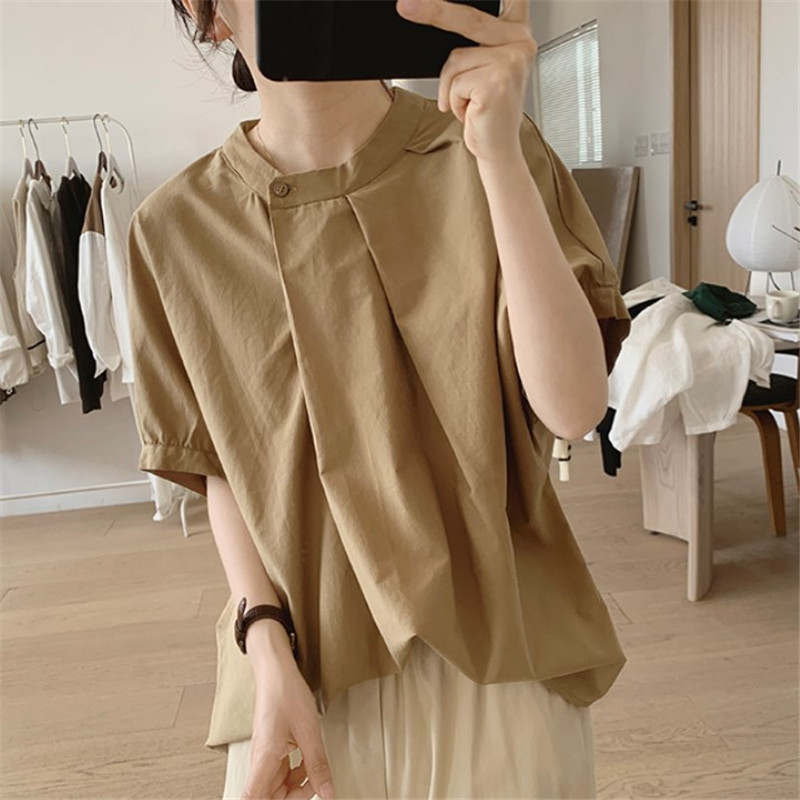 8956 Irregular Pleated Shirt Women's Summer New Loose Slimming Round Neck Simple Niche Design Short Sleeve Cotton Top
