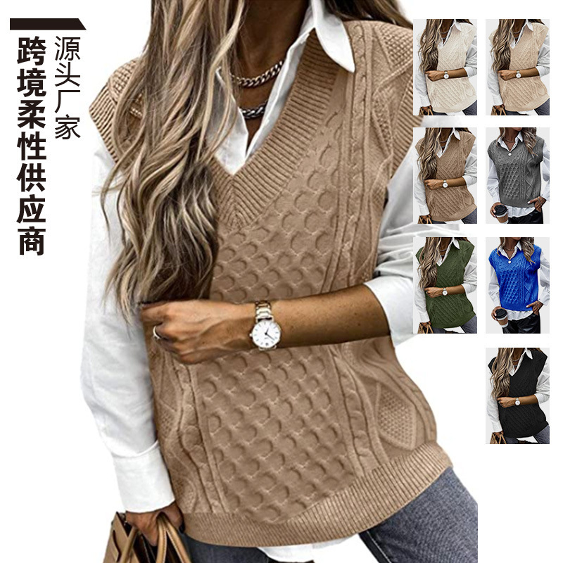 Foreign Trade Cross-border Europe and America Amazon Source Manufacturers Sweater Vest Women's Oversize V-Neck Sleeveless Twist Knitted Top Foreign Trade Cross-border Europe and America Amazon Source Manufacturers Sweater Vest Women's Oversize V-Neck Sleeveless Twist Knitted Top
