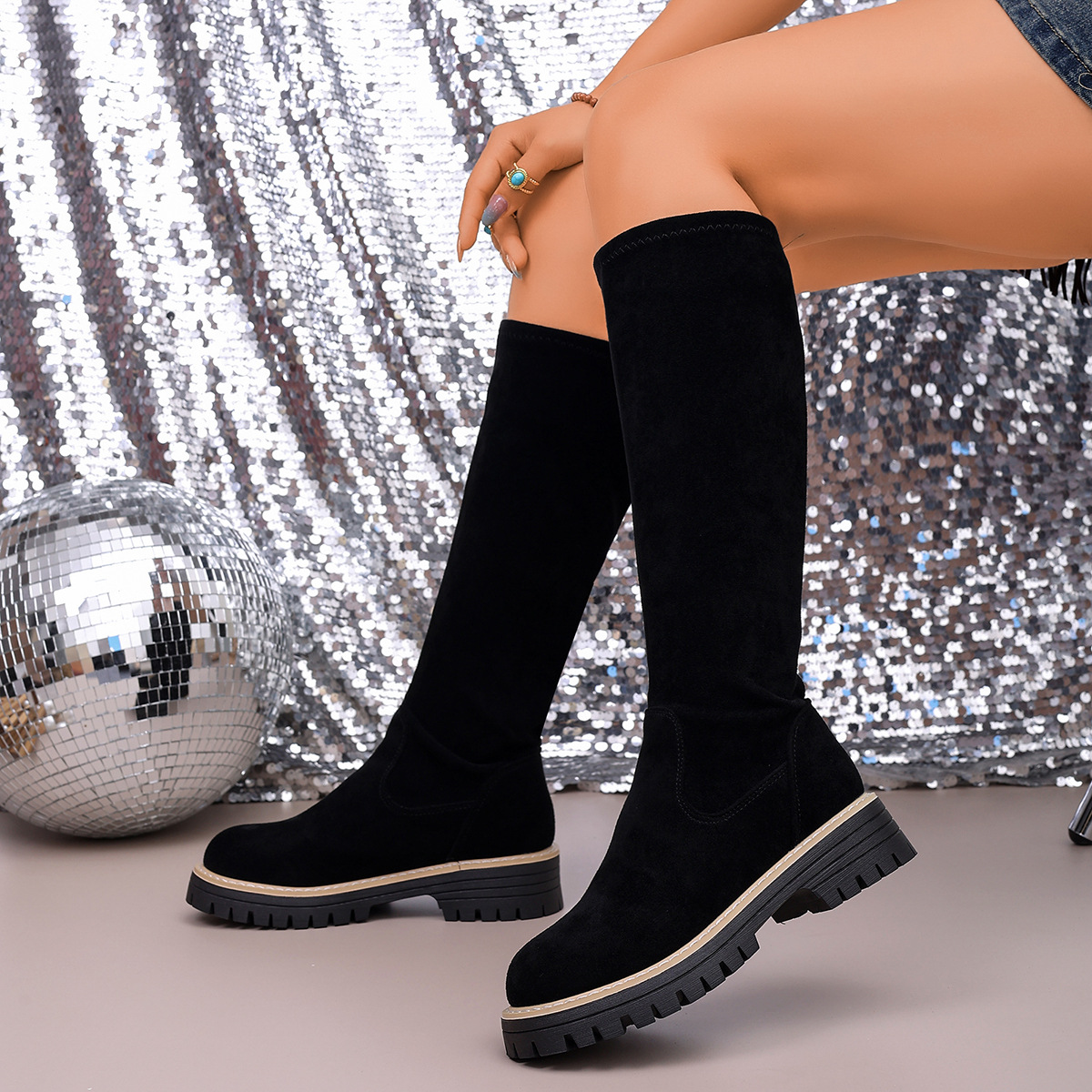 Women's Winter Elastic Over The Knee Boots Round Toe Platform Slimming Plus Size Shoes Size 43 New Style_voghion.com