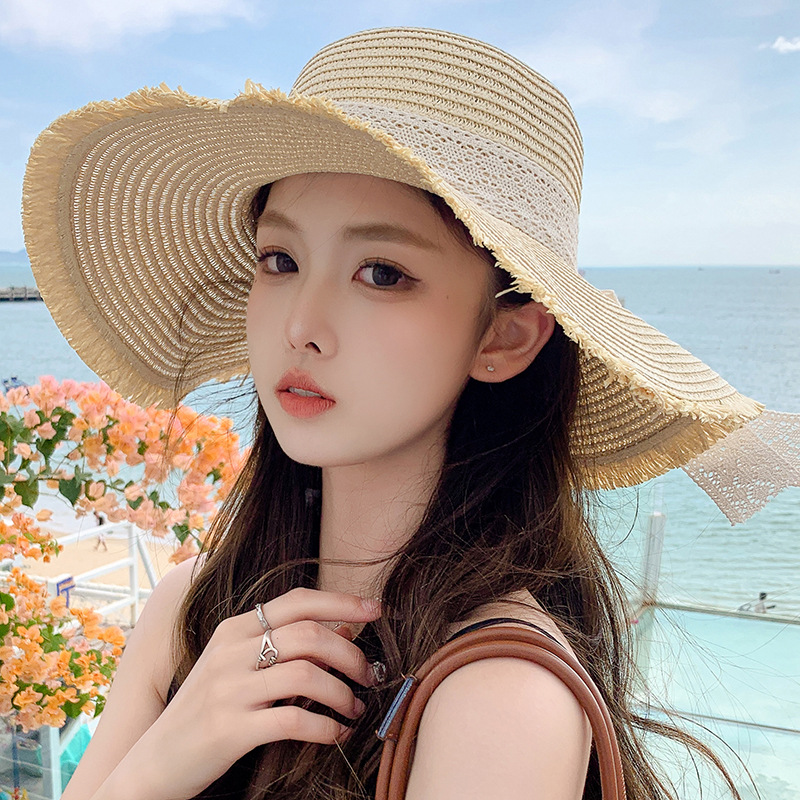 Korean Version of Small Fresh Sweet Fashionable Sunshade Hat for Women in Summer Large Brimmed Ribbon Outdoor Hat Large Brim Sun Hat Straw Hat_voghion.com