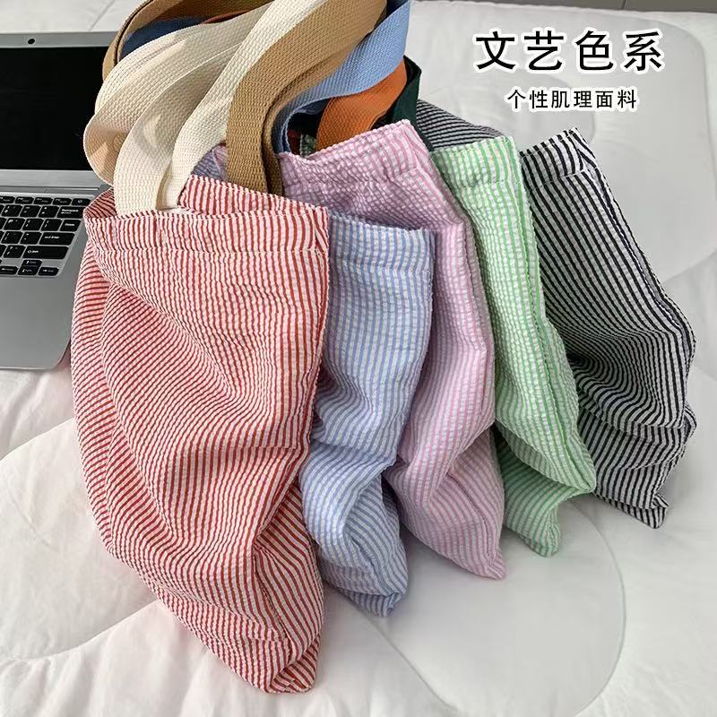 高颜值单肩条纹日系帆布包 学生手提包 帆布袋 百搭购物手 拎布包 包装厂家批发实拍图