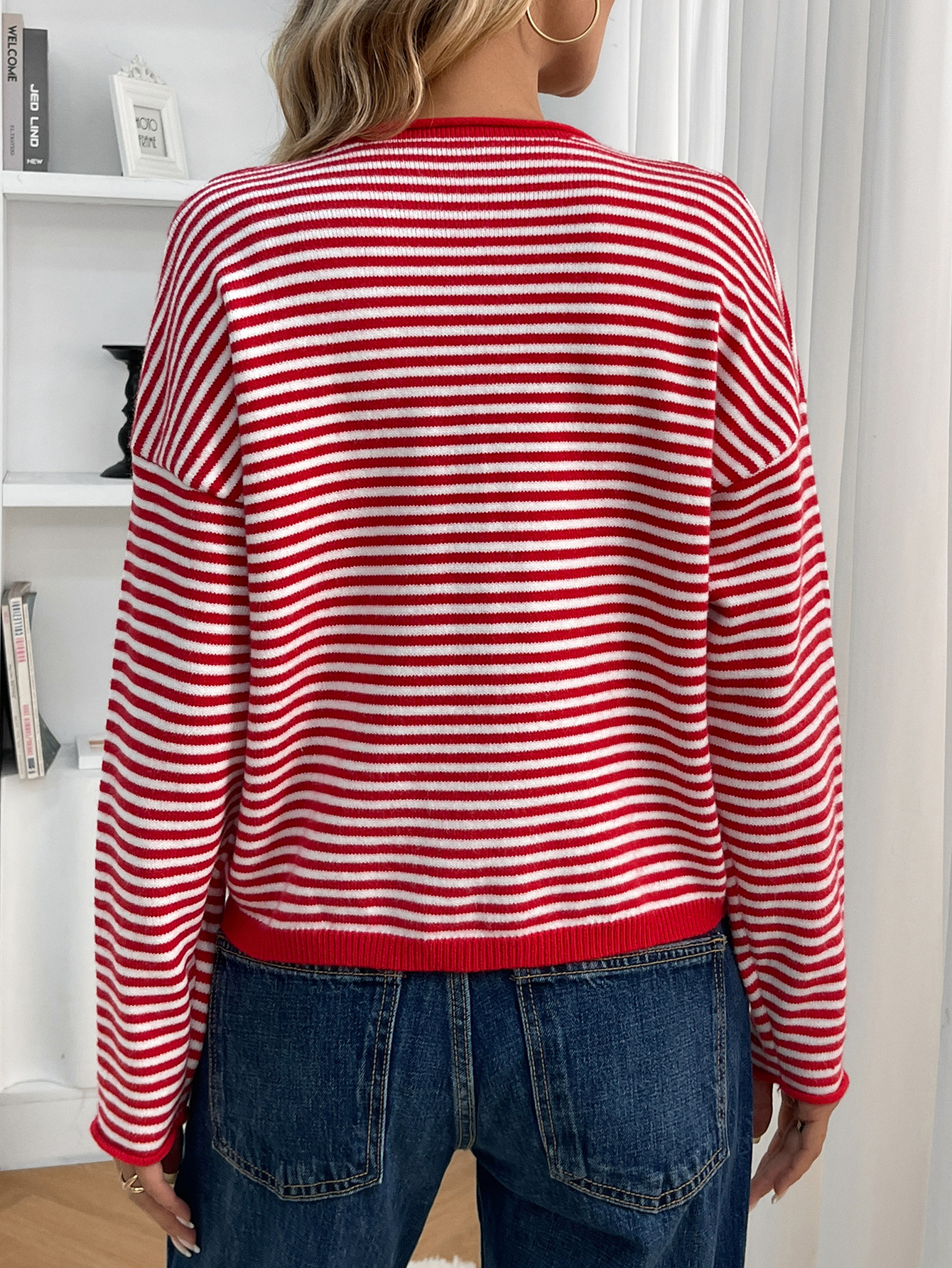 Women's Knit Striped Cardigan Casual Long Sleeve Round Neck Button Sweater Autumn Winter American Style Acrylic Polyester_ecoleips.com
