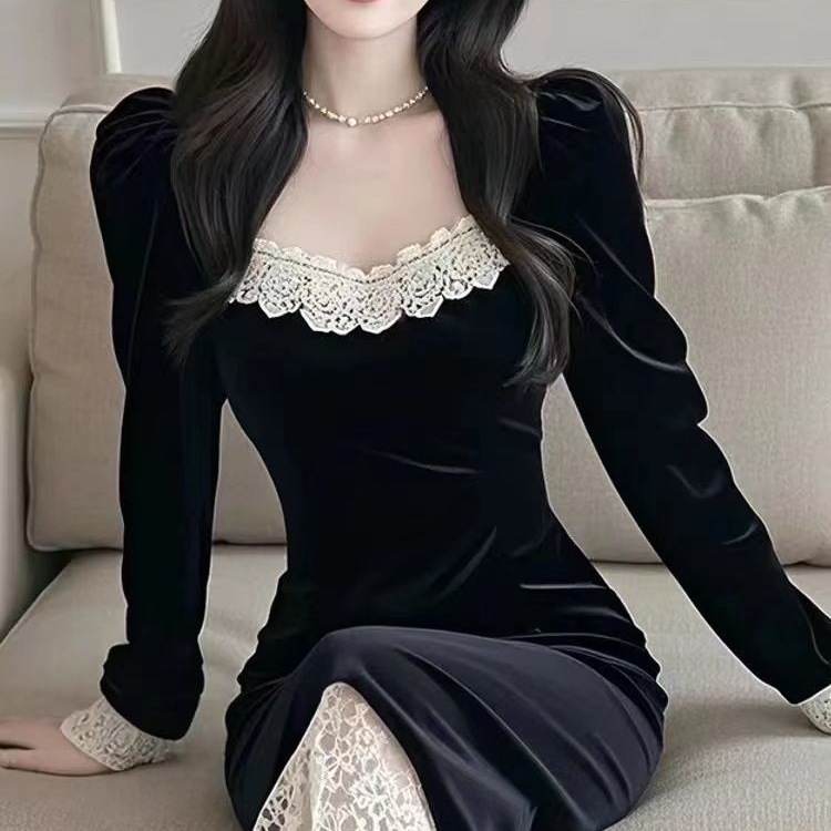 法式复古蕾丝拼接长袖连衣裙秋冬新款优雅气质丝绒小黑裙百搭长裙|undefined