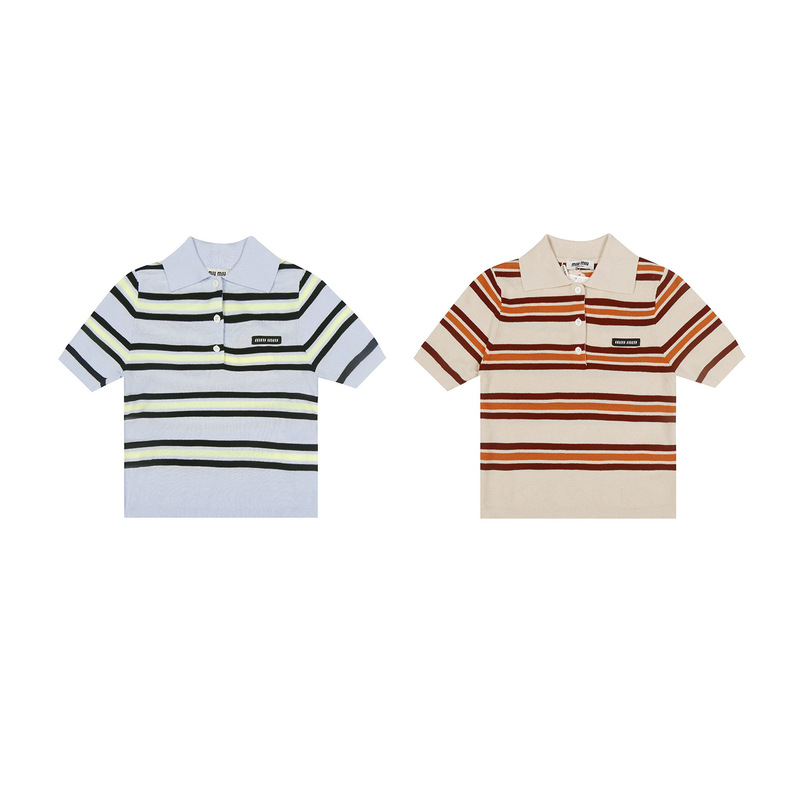 26-Year-Old Brand New mm Brand New College-Style Nanyou High-End Striped Casual Color-Blocking Short-Sleeve Women's Polo Knit Shirt 26-Year-Old Brand New mm Brand New College-Style Nanyou High-End Striped Casual Color-Blocking Short-Sleeve Women's Polo Knit Shirt