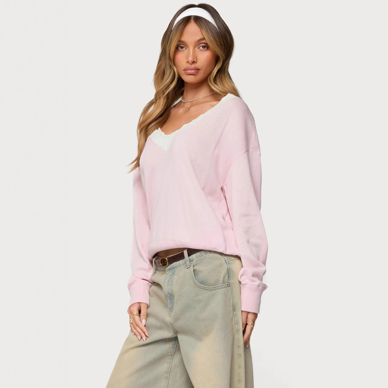 V-Neck Contrast Lacey Trim Contrast Lace V-Neck Sweater with Lace Trim