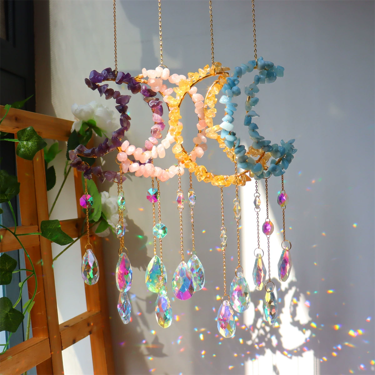 Moon & Star crystal suncatcher, natural gem chips, AB prism drops