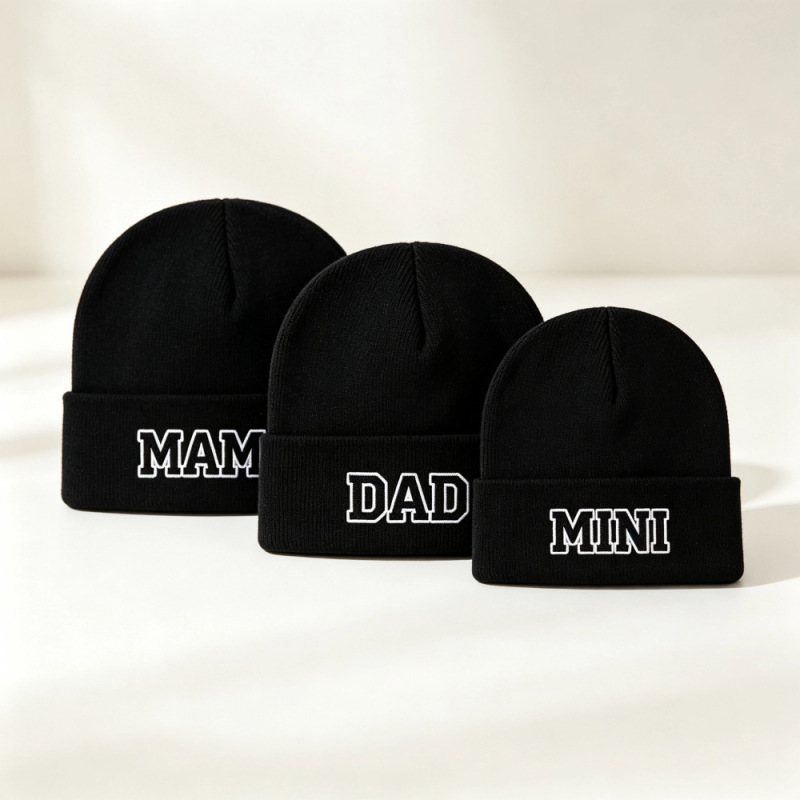 European and American Autumn and Winter Style Mother-Child Hats with Embroidery Mama Dad Mini Knitted Hats, Personalized Cold-Proof Woolen Hats