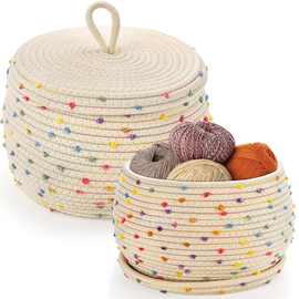 新款圆形编织收纳筐带盖桌面零食收纳盒理玩具收纳篮鸡蛋筐杂物整