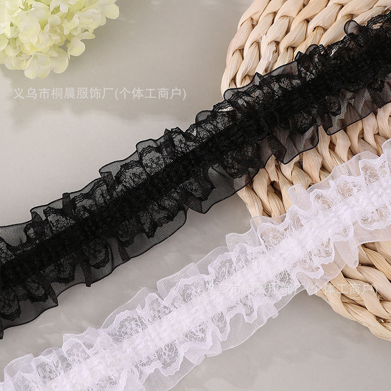 现货4cm白色双层弹力雪纱蕾丝花边手工DIY服装发饰花边辅料批发
