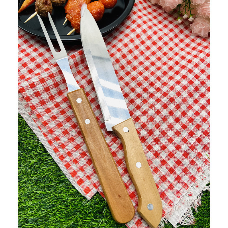 户外野营烧烤工具组合木柄叉铲夹BBQ配件布袋荷木柄烤具套装|undefined