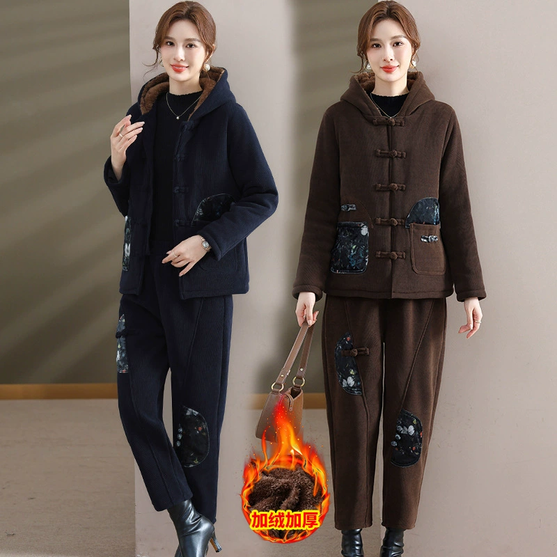 Зимний костюм для мамы большого размера 2024 новый иностранный толстый вельвет с капюшоном хлопчатобумажная куртка из двух частей