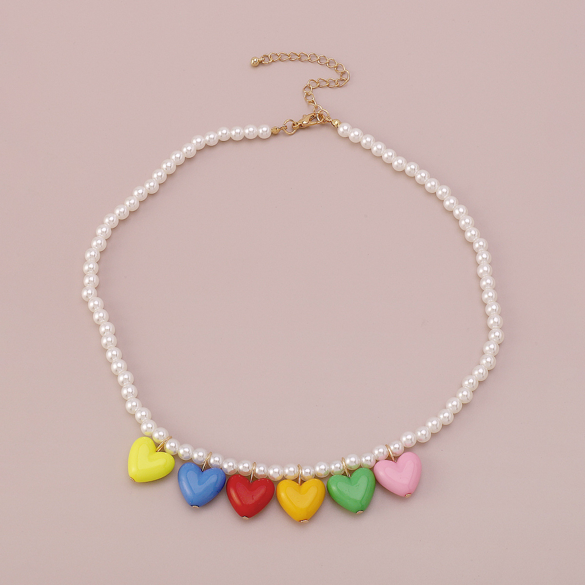 simple Rainbow Heart Pendant Pearl Necklace