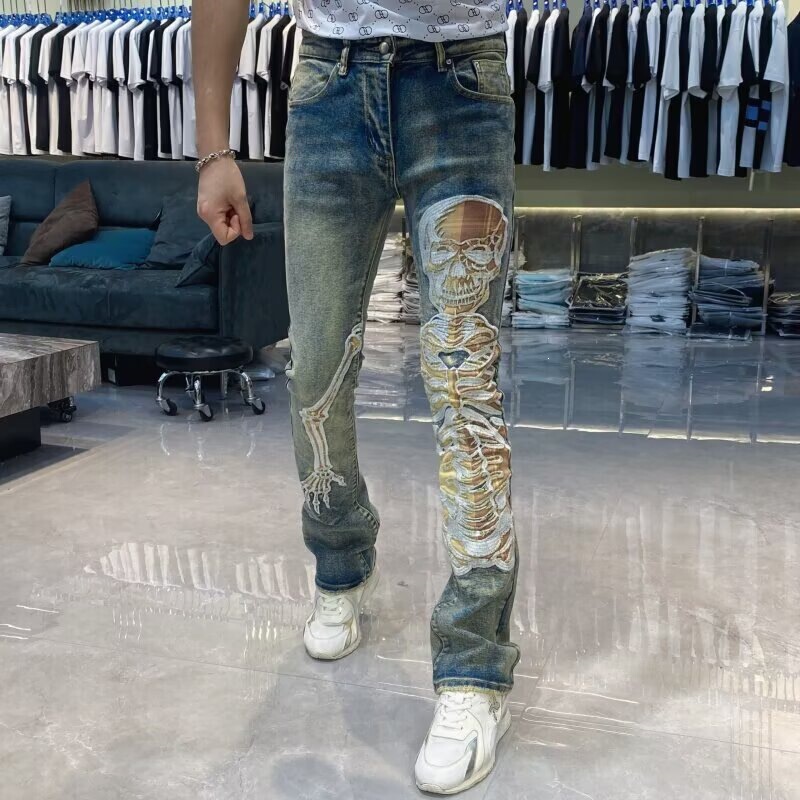 High-end embroidered denim pants, men's printed trendy slim-fit ankle-length pants, spring Korean-style fashion long pants