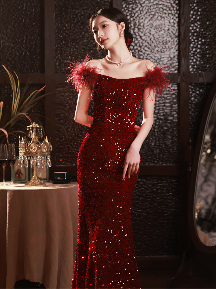 Red Sequins Toast Dress Bride Women's Fishtail Engagement Dress High-end Sense Temperament Host Off-shoulder Summer