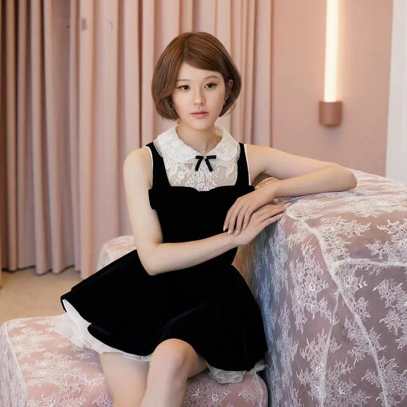 [Same Style as Zhao Lusi, in Stock] 25 Early Autumn New Black Velvet Little Black Dress