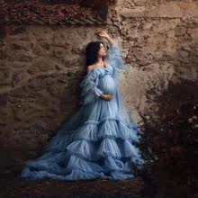 輕婚紗禮服2022新款影樓主題服裝寫真孕媽咪拍照攝影法式復古藍色