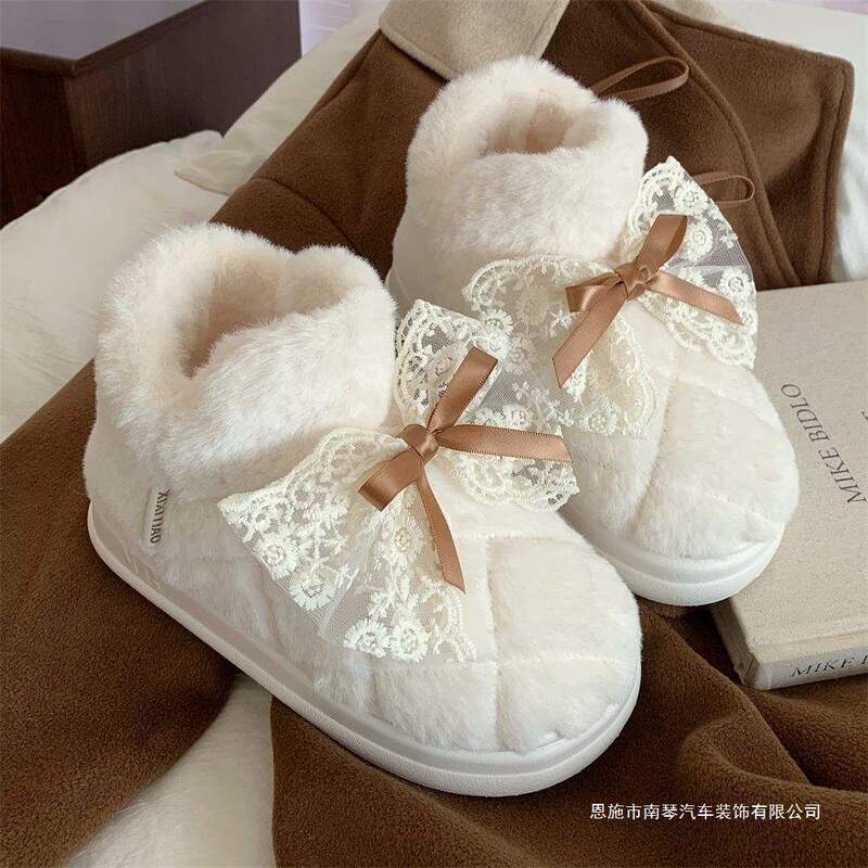 Plush Velvet Four-Season Warm Cotton Shoes for Women, Four-Season Fairy Style Lace Bow Versatile Outer Wear Snow Boots View Details