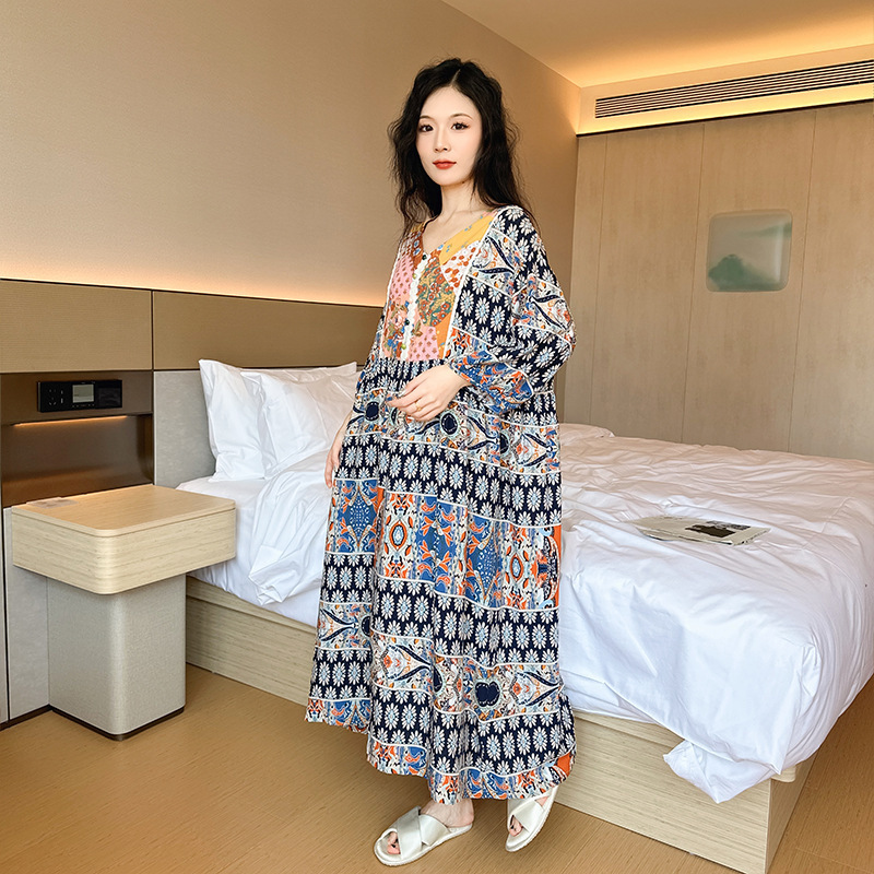 Ethnic Style Cotton Silk Nightgown, Large Size, Comfortable, Bohemian Style, Oversized, Cool and Elegant, Women's Home Wear Ethnic Style Cotton Silk Nightgown, Large Size, Comfortable, Bohemian Style, Oversized, Cool and Elegant, Women's Home Wear