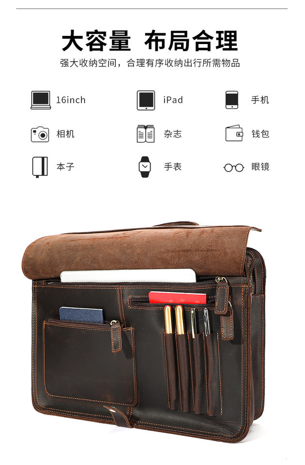 Túi xách da bò thật cho nam kiểu ngang, đựng vừa laptop 15.6 inch, Âu Mỹ — Màu cà phê, Màu nâu đậm chi tiết 18