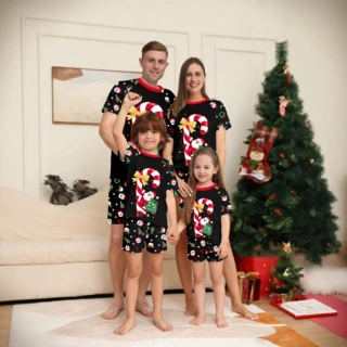 亚马逊欧美圣诞亲子装一家四五口家庭装拐杖圣诞老人背包印花睡衣
