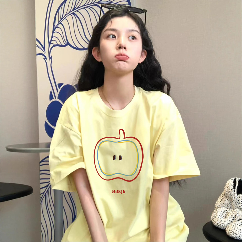 Yellow Pure Cotton Short-Sleeved T-Shirt for Women, Summer 2026 New Design, Niche Style, Loose Half-Sleeve Top for Petite Students