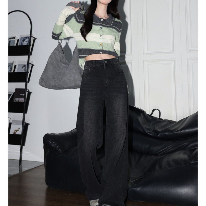 Forever 21 Versatile Black and Gray Drapey High-Waisted Wide-Leg Jeans for Women 2026 Spring Super Popular Loose Straight Pants