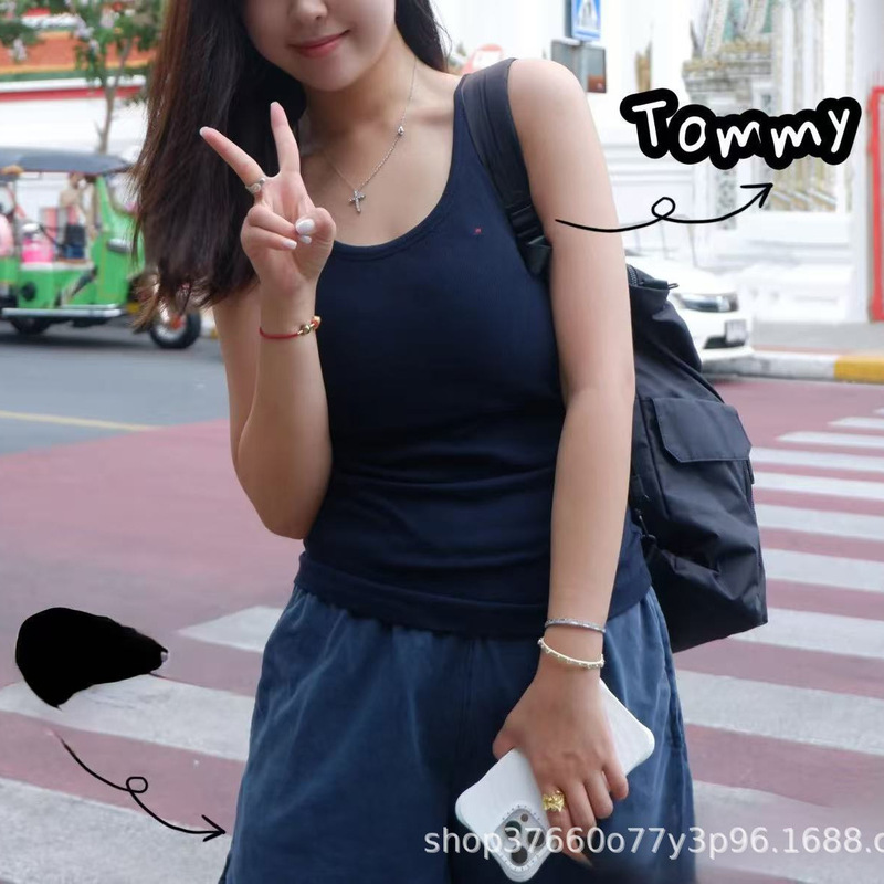 26 Summer New Trendy Brand Th Tommy Style Elastic Ribbed Slim-Fit Versatile Fashion Slimming Women's Tank Top