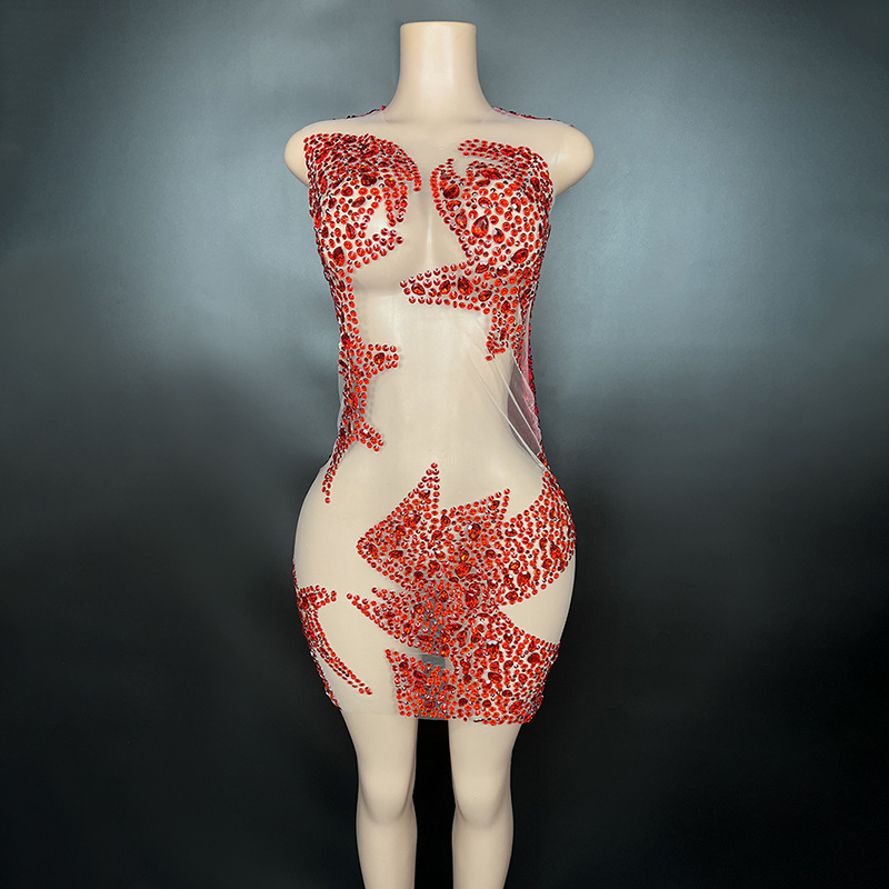 Mesh see-through mini skirt sleeveless red diamond print design slim elastic evening dress dropshipping