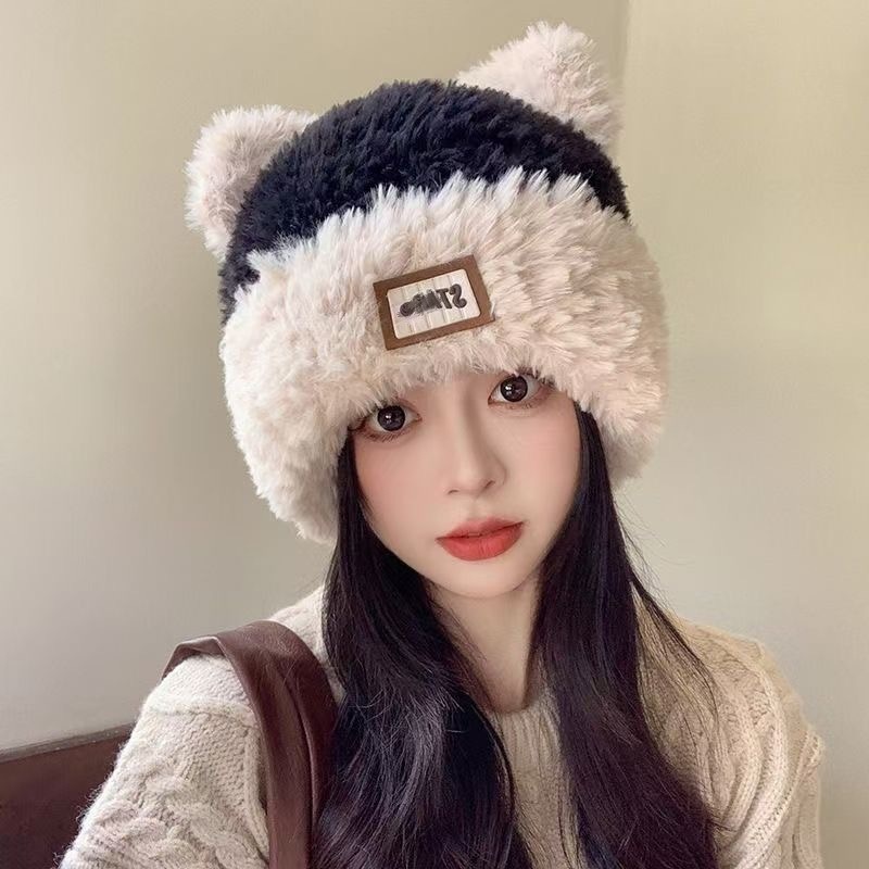 帽子女猫耳朵条纹毛线帽冬季帽子双毛球保暖帽皮标毛绒护耳针织帽|undefined