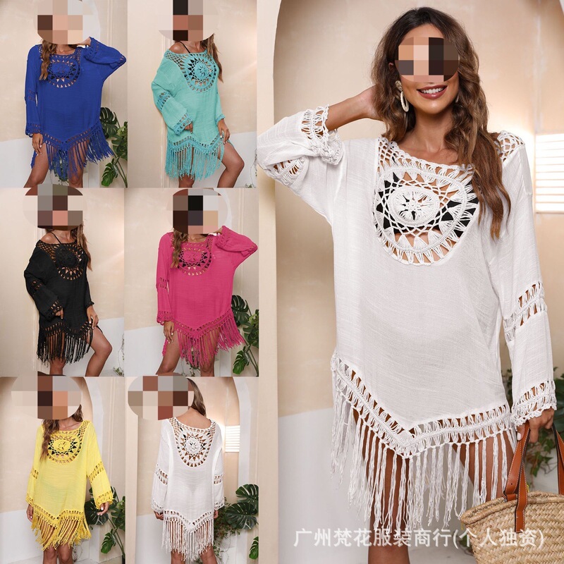 New Cross-Border Women's Knitwear Long-Sleeve Hollow-Out Crochet Bikini Cover-Up Loose Bohemian Beach Cover-Up New Cross-Border Women's Knitwear Long-Sleeve Hollow-Out Crochet Bikini Cover-Up Loose Bohemian Beach Cover-Up